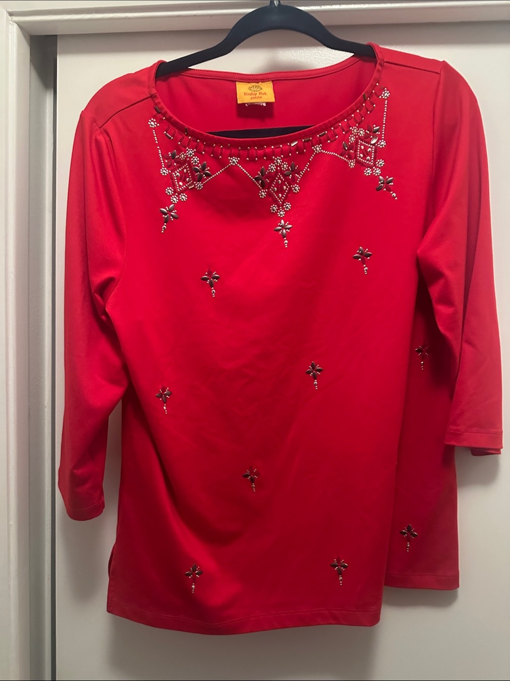 Embellished Red Jewel-Neck Long Sleeve Top